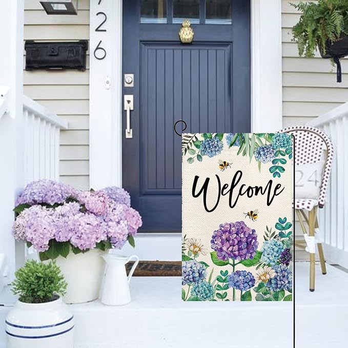 Baccessor Spring Summer Hydrangea Garden Flag Double Sided 12x18 Inch, Blue Purple Flower Floral Welcome Small Yard Flag Burlap Vertical Seasonal Farmhouse Yard Outdoor Decoration
