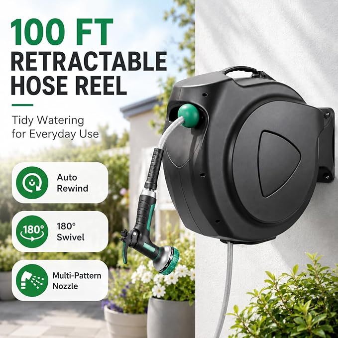 Retractable Garden Hose Reel, 100FT Wall Mounted Auto Rewind Water Hose Reel with 180° Swivel Bracket, Any Length Lock, Kink-Free Hose Guide, Multi-Pattern Spray Nozzle for Yard, Lawn & Outdoor