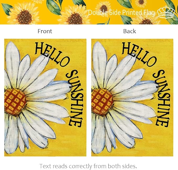 CROWNED BEAUTY Summer House Flag Daisy Double Sided 28x40 Inches Large Burlap Seasonal Welcome Yard Porch Decoration for Outside (Yellow)