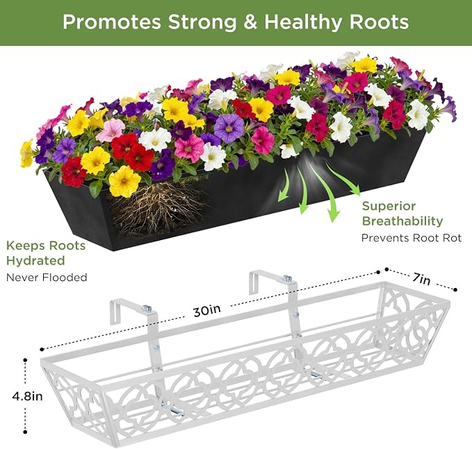 2 Pack 30 Inch Railing Planter Boxes with Adjustable Brackets & Non-Woven Liner, Deck Window Hanging Flower Box for Balcony, Fence, Patio, Outdoor Garden, Gray