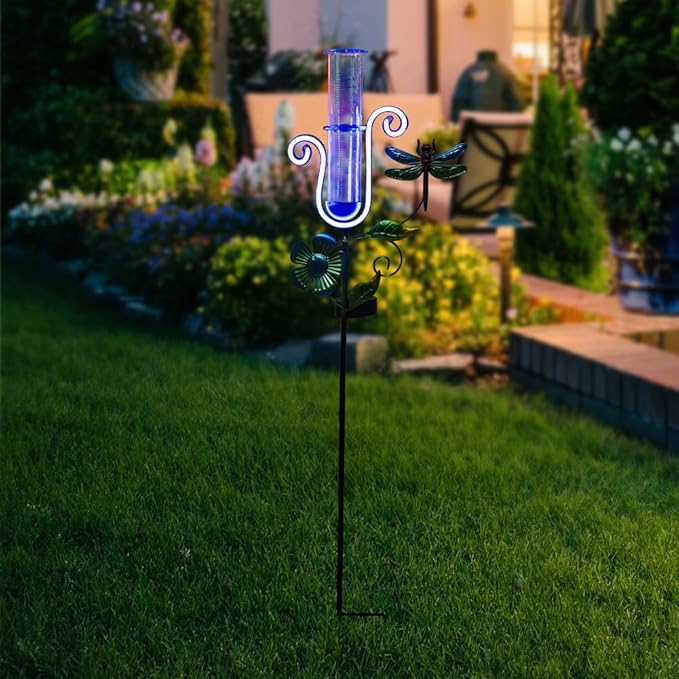 Dragonfly Rain Gauge Outdoor, Solar Rain Gauge with Led Neon Lights, Freeze Proof Rain Gauges for Patio, Garden Yard, Measuring Precipitation