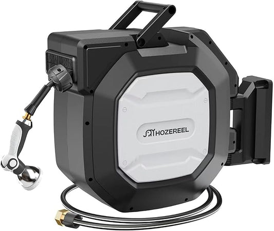 135 ft x 1/2" HOZEREEL Heavy Duty Retractable Garden Hose Reel, Garden Hose Reels Outdoor Organizer- Self Retracting Wall Mount Hose Reel Automatic Recoil Storage, Any Length Lock, 10 Pattern Nozzle