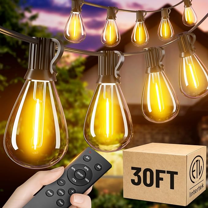 30FT Patio String Lights Outdoor, 10+1 LED Shatterproof Bulbs with Remote & Timer,2700K Dimmable Waterproof Hanging Decor for Backyard, Garden, Porch, Balcony, Wedding Party Lighting