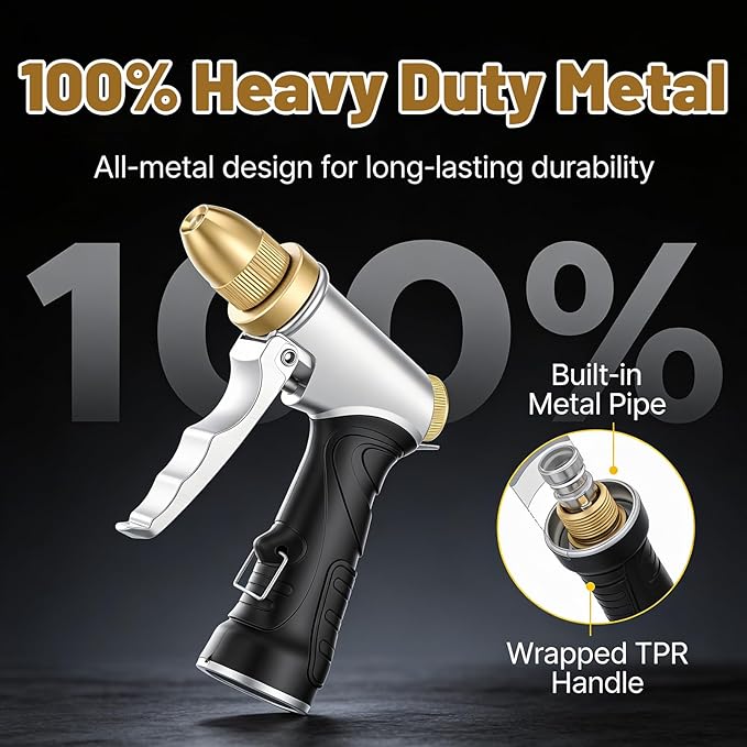 2 Pcs Heavy Duty Metal Garden Hose Nozzle, High Pressure Sprayer with Adjustable Patterns for Watering Plants, Car Washing, Pet Showering