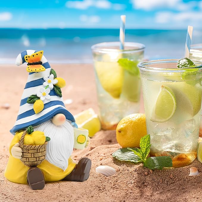 Lemon Decor Summer Garden Gnome, Mediterranean Decor Resin Figurines, Lemon Party Decoration for Home Kitchen Office Tiered Tray, Summer Gnomes Gifts