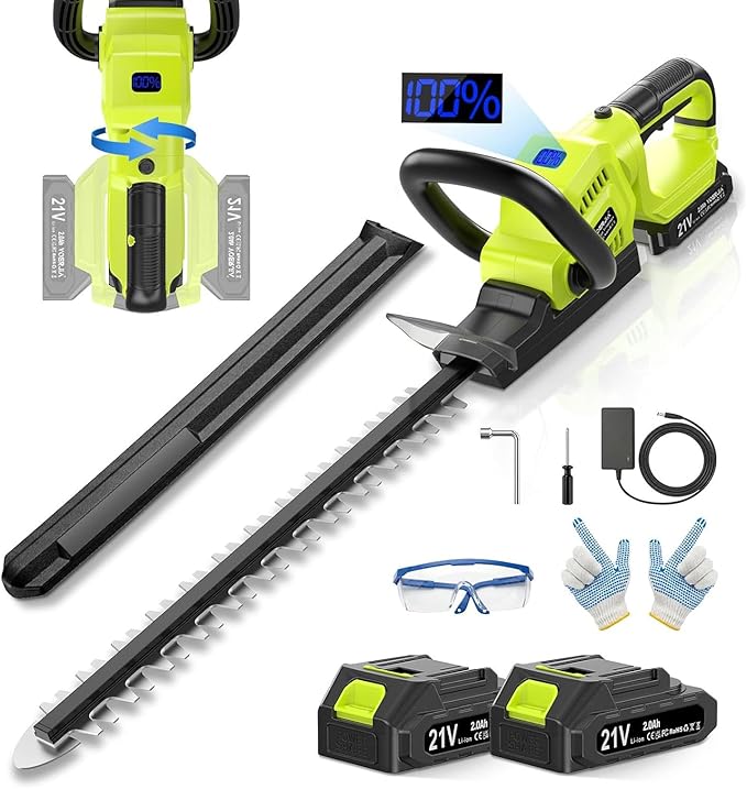 21V Lightweight Cordless Hedge Trimmer & Clippers, 20" Electric Bush Trimmer with 2 X 2.0Ah Batteries, LCD Display, 180° Rotating Handle, Dual-Action Blade, 2/3" Blade Gap for Shrub and Hedge
