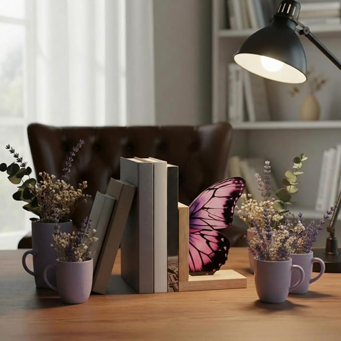 Decorative Butterfly Bookends Wooden Acrylic Butterflys Bookend Modern Bookshelf Decor Accent Book Stopper Decor for Home Farmhouse Shelves Office Lover Gift(Purple Butterfly)