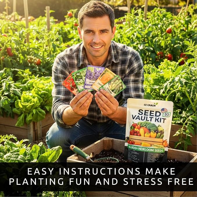 Seed Vault Kit – 30 Variety Heirloom Garden Seed Packets – 16,000+ Non-GMO Seeds for Planting – Survival Garden Starter Set – 30 Plant Markers Included