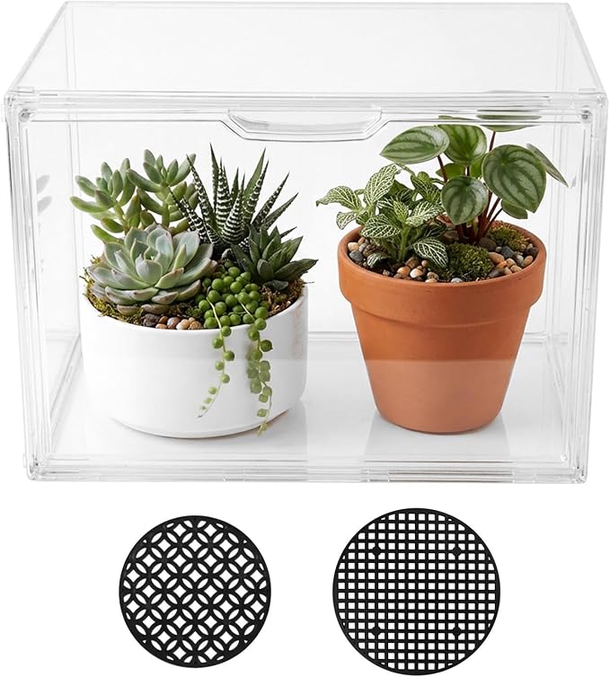 Indoor Mini Greenhouse for Small Plants, Stackable Tabletop Clear PET Greenhouse 14.2×8.7×10.7 in with Magnetic Door, Easy Assembly Plant Nursery, Includes Drainage Mats