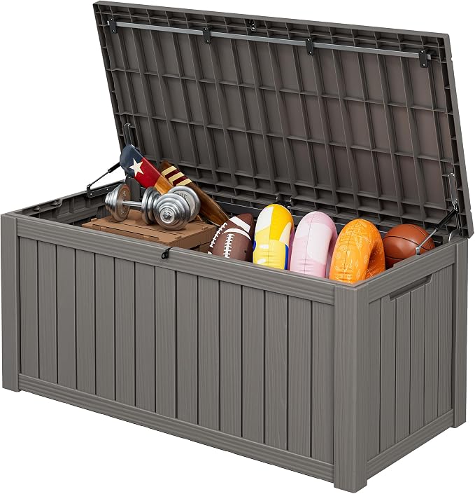 Outdoor Storage Box, 160 Gallon Resin Deck Boxes Outdoor Waterproof For Patio Furniture, Garden Tools, Pool Supplies, Lockable And UV Resistant (Striped Gray)
