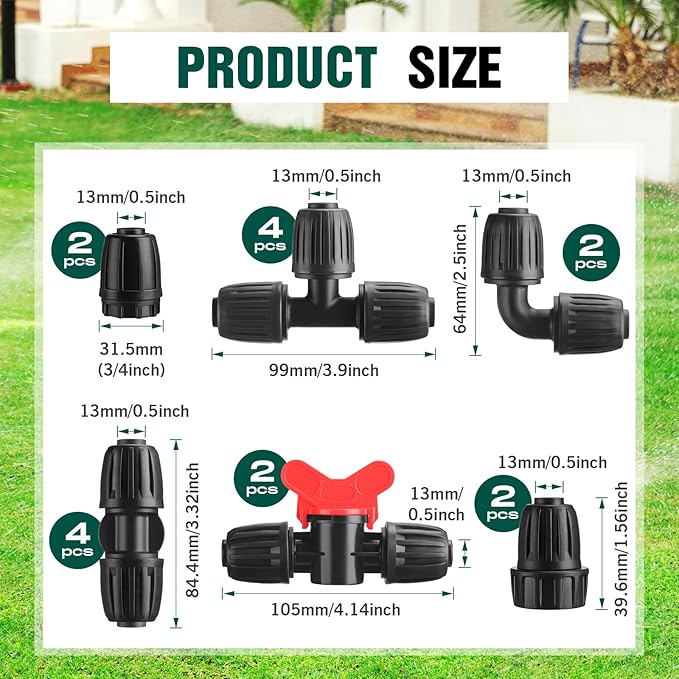 Pushglossy 32 Pcs 1/2 Tubing Irrigation Fittings Kit 1/2 ID x 0.6-0.63 OD 16 mm Drip Irrigation Barbed Connectors 4 Switch Valves, 8 Tees, 8 Couplings, 4 Elbows, 4 Ends, 4 Adapters (Green, Black)