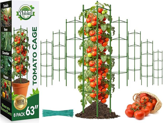 Halatool 63 Inch Tall Tomato Cage 8 Pack, Adjustable Tomato Cages for Garden, Garden Stakes Tomatoe Trellis for Pots, Tomatoes Plant Support for Raised Garden Bed & Vegetables Flowers