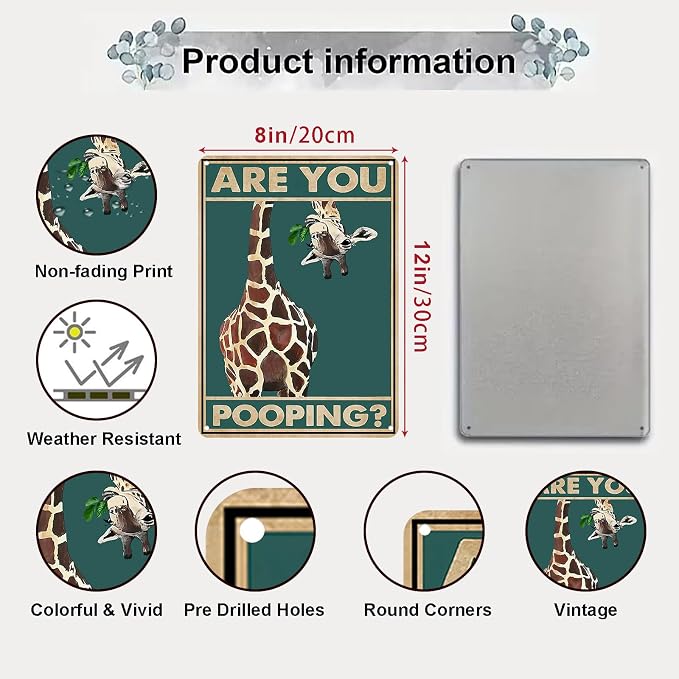 Funny Giraffe Are You Pooping Wall Decor Vintage Bathroom Sign Animal Picture for Bathroom Toilet Wall Decor 8x12 Inch