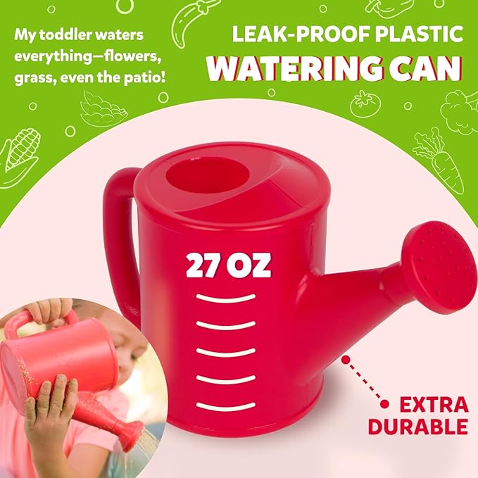 Kids Gardening Set – Toddler Gardening Kit Includes Watering Can for Kids, Shovel, Rake, Plant Stakes, Kids Gardening Gloves, Tote Bag & STEM Learning Gardening Guide Book - Garden Tool Set RED