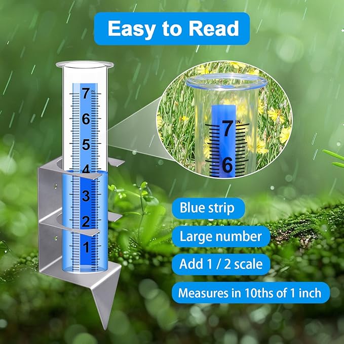 Rain Gauge Outdoor,7" Capacity Rain Gauge Outdoors Best Rated with Stainless Steel Mounting Rack Holder,Freeze Proof Plastic Large Rain Gauge for Yard Garden Fence Lawn Patio Farm (Silver)