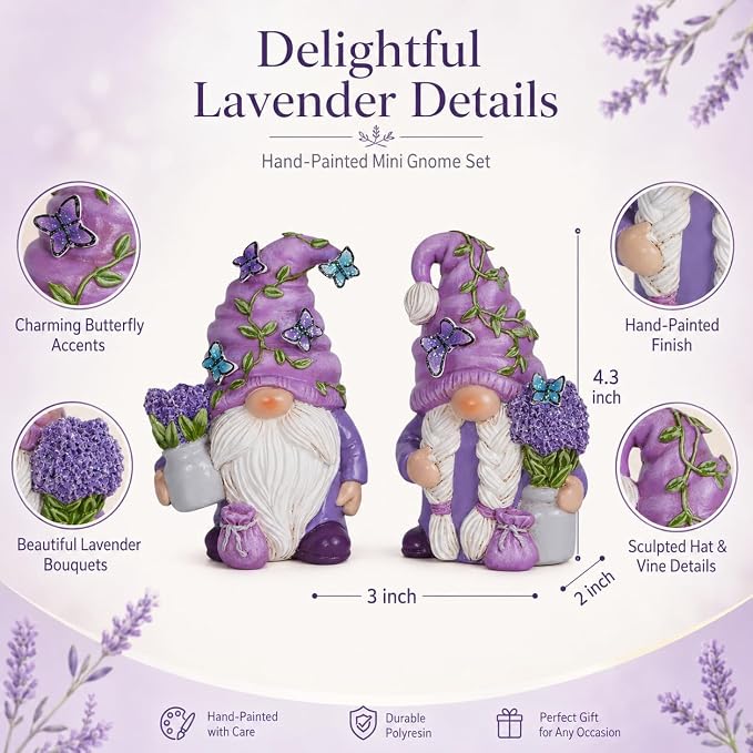Hodao 2 Pcs Lavender Gnome Set – Spring & Summer Swedish Tomte Elf Figurines for Indoor Home Decor, Tiered Trays, Patios, Gardens for Mom, Grandma, Friends, Seasonal Decorations