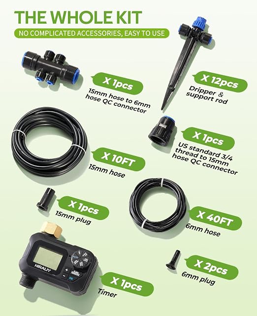HIRALIY 50FT Automatic Drip Irrigation Kit with Timer, Quick-Connect Garden Watering System with 40FT 1/4" Tubing, 10FT Main Hose, 12 Adjustable Drippers for Patio, Raised Beds & Potted Plants