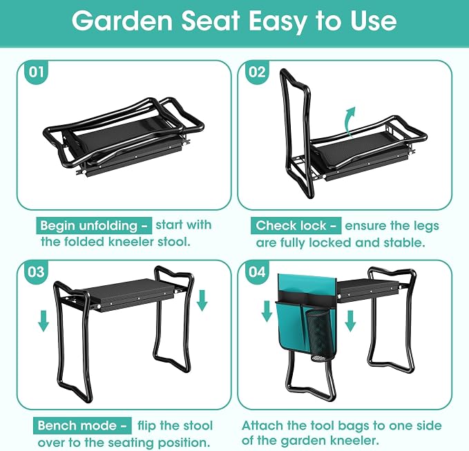2-in-1 Garden Kneeler with Umbrella, Garden Kneeling Bench & Aqua Umbrella, Portable Garden Stool Loads Capacity 330lb and Garden Tools Bag with bottle holder, Gardening Gifts for Women,Men,Seniors