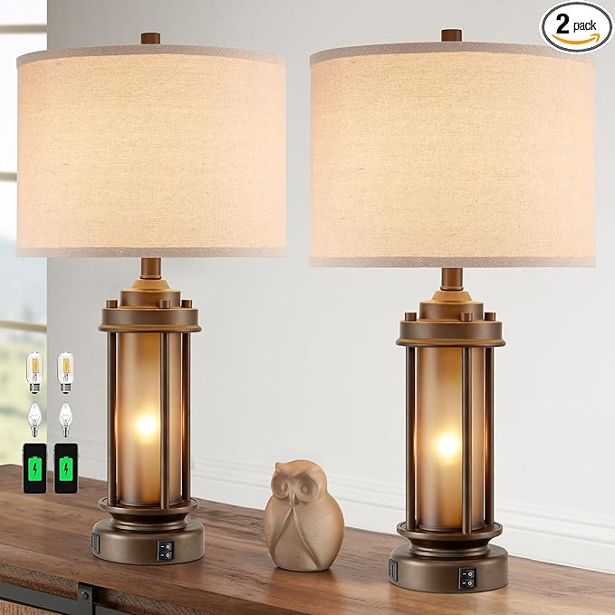AIEAMPDO Set of 2 Farmhouse Table Lamps with 2 USB C+A Ports | Rustic Vintage Design, Amber Glass Nightlight, 4 Bulbs Included, for Living Room Bedroom Nightstand