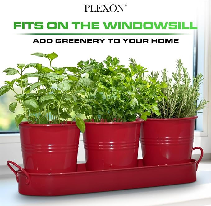 Plexon Herb Planter Indoor Garden Set of 3 with Tray, Metal Herb Pots for Indoor Plants, Round Kitchen Garden Kit Ideal for Windowsill Planter or Countertop, Red Powder Coated