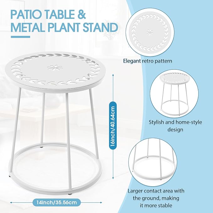 Vercraft Small Outdoor Side Table, 14" Patio Side Tables with Flower Cut Outs Weather Resistant Metal Outdoor End Table for Patio Outside Porch Balconies Garden(White,Simple)