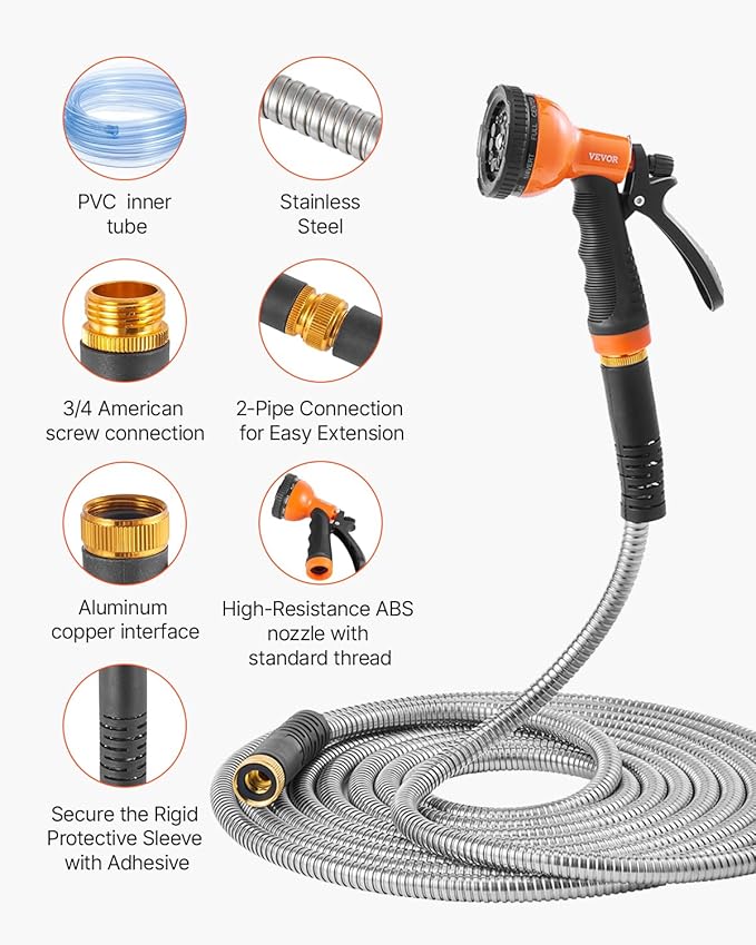 VEVOR Metal Garden Hose 200 ft, Heavy Duty Stainless Steel Water Hose with 10-Function Nozzle, No-Kink & Flexible Outdoor Garden Hose, Rust-Proof Lightweight Hose for Yard, RV, Car Wash