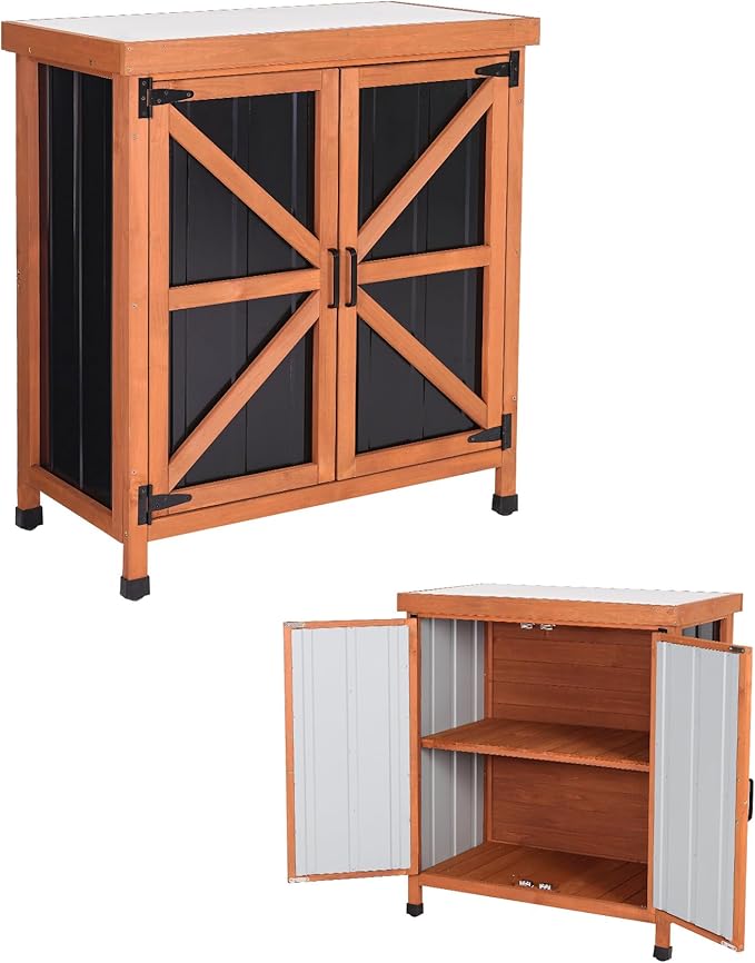 Black Metal Outdoor Storage Cabinet with X-Design Doors & Wood Frame, Metal Top Potting Bench Weatherproof for Patio, Garden & Backyard, 31.5"x 17.7"x 35.4"Tool Outdoor Shed