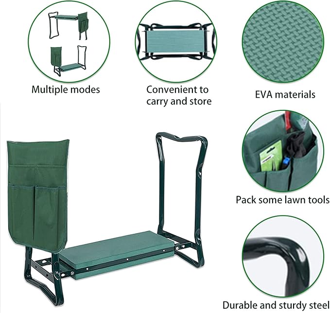 Garden Kneeler, Folding Stool, Portable Garden Bench EVA Foam Pad with Tool Bag Pouch
