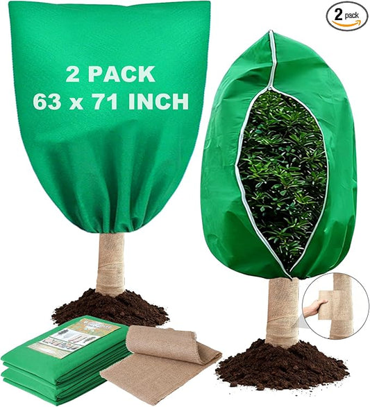 2 Pack 63 x 71 Inch Plant Covers Freeze Protection, Frost Cloth Plant Freeze Protection With Burlap Tree Wrap, Reusable Breathable Freeze Blankets With Drawstring for Fruit Tree Shrub Potted