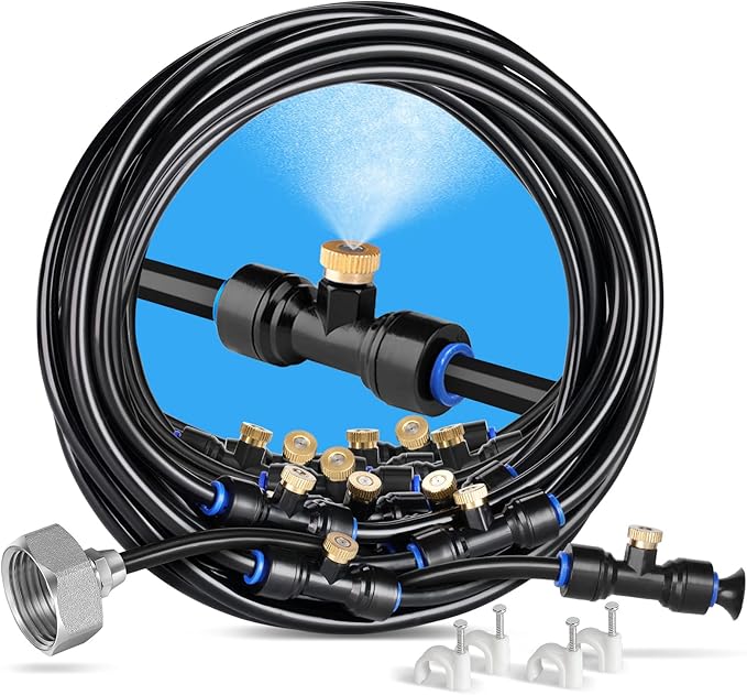 HOMENOTE Misting Cooling System, 42FT(13M) Pre-Assembled Kit with 15 Brass Nozzles & 3/4" Brass Adapter, Cooling Mister for Patio, Backyard, Pets, Garden & Greenhouse