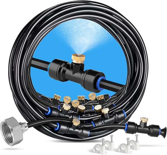 HOMENOTE Misting Cooling System, 42FT(13M) Pre-Assembled Kit with 15 Brass Nozzles & 3/4" Brass Adapter, Cooling Mister for Patio, Backyard, Pets, Garden & Greenhouse
