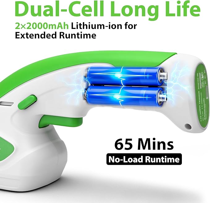 Cordless Grass Shear & Hedge Trimmer 7.2V Handheld Electric Grass Trimmer with 2 * 2000mAh Battery 2 in 1 Lightweight Shrub Trimmer Type-C Cable for Small Bushes, Lawn Edging & Garden Green