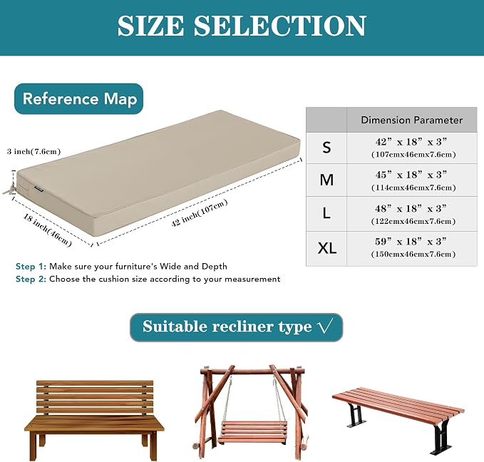 Outdoor Bench Cushion 48 x 18 Inch Thick Waterproof Porch Swing Cushions with Tie Patio Furniture Chair Cushion Bench Pad Color Fastness Backyard Seat Pads, Cream