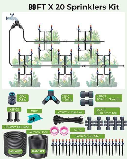 MYMULIKE 100FT Drip Irrigation System, Adjustable Drip Emitters, Upgraded Drip Irrigation Kit Automatic Irrigation Kit Garden Watering System for Flower Bed, Raised Beds, Lawn, Greenhouses