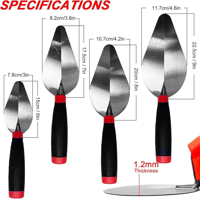4 Pack Brick Trowel Set, 6” 7” 8” & 9” Carbon Steel Pointing Trowel, Masonry Trowel Hand Tool Kit for Brickwork, Concrete, Cement, Plaster, Tile Construction Projects