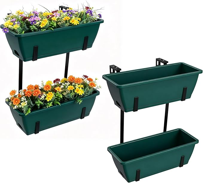 Rectangle Planters Box, 4 Pack Deck Hanging Planters for Railings, Window Box Planter with Drainage Holes & Trays, 16.9 Inch Balcony Planters Railing Hanging with Metal Brackets, Black Green (Green)