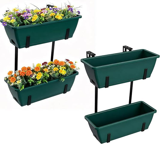 Rectangle Planters Box, 4 Pack Deck Hanging Planters for Railings, Window Box Planter with Drainage Holes & Trays, 16.9 Inch Balcony Planters Railing Hanging with Metal Brackets, Black Green (Green)