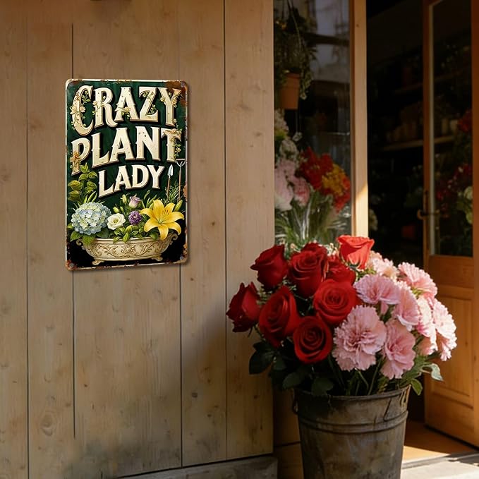 Funny Garden Signs, Vintage Garden Gift, Garden Decor for Outside, Crazy Plant Lady Sign, Weatherproof Aluminum Outdoor Decor for Patio Yard Greenhouse Home, Wall Decor 8x12 Inch