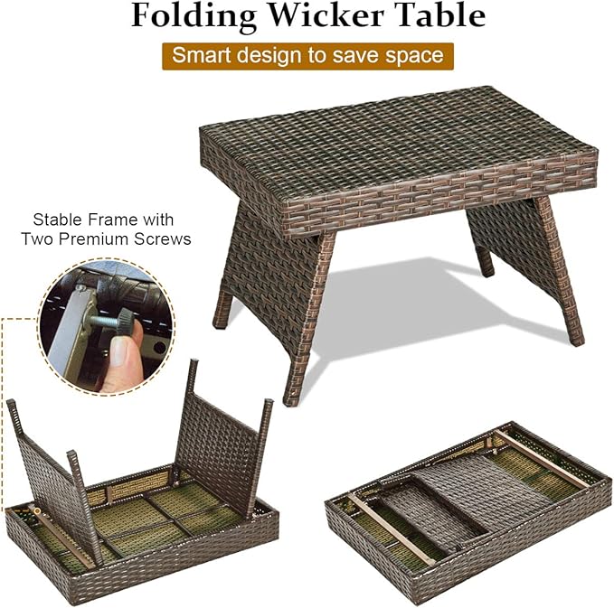 Tangkula Outdoor Folding Wicker Table, Heavy Duty Rattan Foldable Standing Coffee Side Table, for Patio Poolside Lawn Garden Balcony