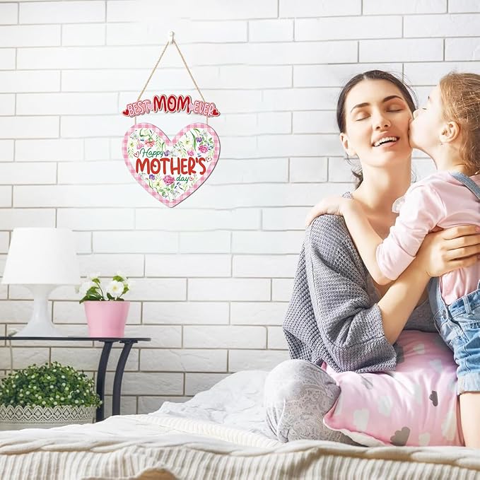 HOURIA Happy Mother's Day Wooden Sign(11.4”x12.5”),Vintage Best Mom Ever Wall Decor,Pink Flower Heart Shaped Door Hanger for Mom Grandma Woman