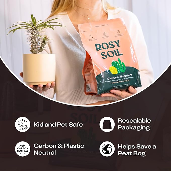 Rosy Soil Cactus Soil – Organic Succulent Potting Mix, Chunky Fast Draining, Peat-Free, Root Boosting Mix for AloeVera, Cacti, Indoor Succulents - 4qt