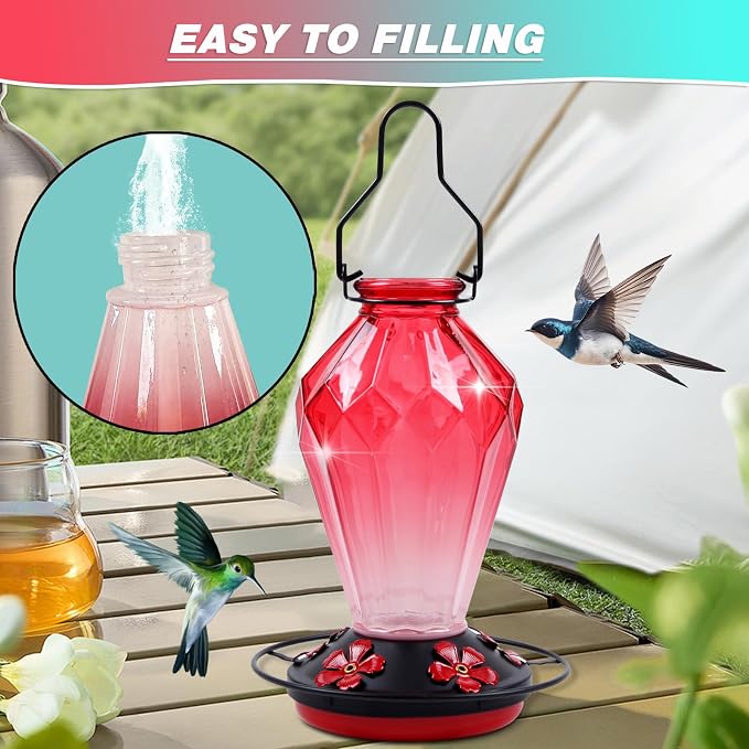 2 Pack Glass Hummingbird Feeder for Outdoors Hanging, 25Oz Humming Bird Nectar Feeder, Perch, 5 Flower Feeding Ports, Leak Proof Base, Hook for Outside Garden Backyard, Gift for Women, Diamond Red