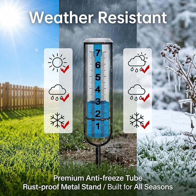 Rain Gauge Outdoor, 7 Inch Freeze Proof Rain Gauges for Yard, Large Clear Numbers Plastic Rain Measure Gauge with Metal Stake, Decorative Water Gauge for Garden Lawn Patio