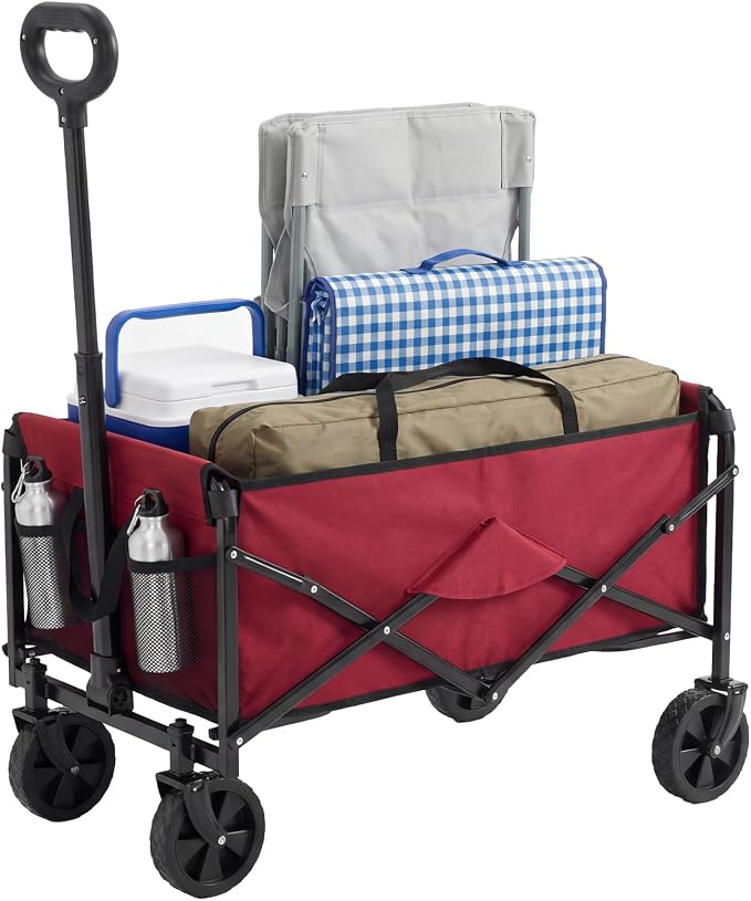 OLIXIS Collapsible Wagon 67L Compact Lightweight Utility Folding Wagon Cart with Wheels – 220 lbs Weight Capacity, Flexible Handle for Beach, Grocery, Camping, Shopping, Sports & Garden, Red