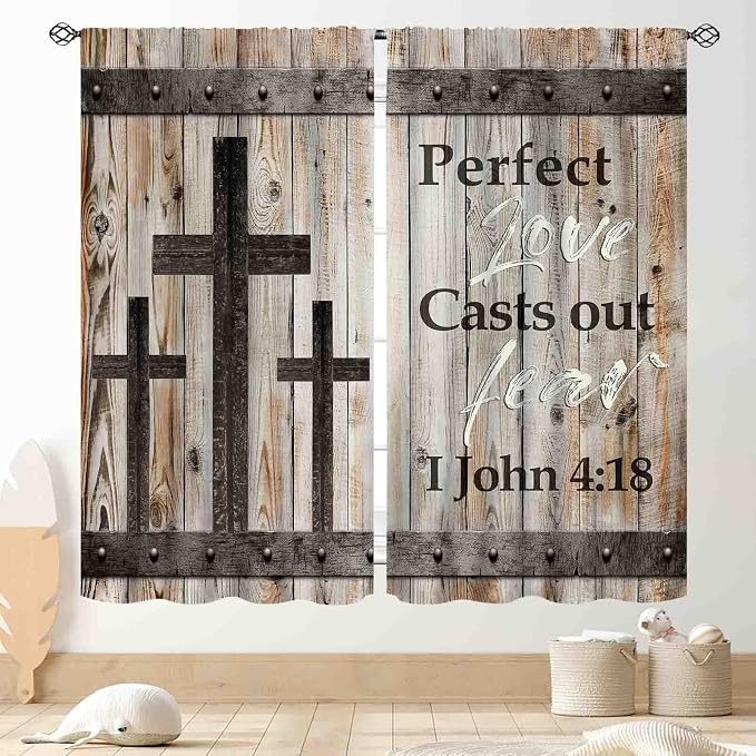 Farmhouse Wooden Curtains, Rustic Brown Wood Board Bible Verse Cross Country Cottage Western Barnwood Garage Old Plank Drapes Window Curtains for Living Room Bedroom Kitchen 2 Panels, 52"x84" Inch