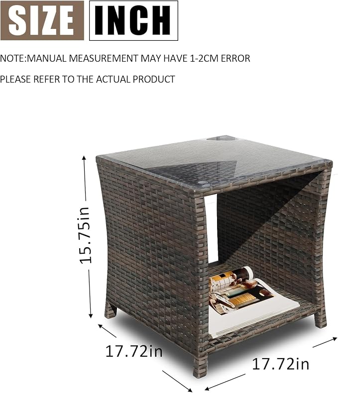Rattan Side Table,Outdoor Patio Wicker Table,Modern Patio End Side Table with Glass Countertop and Storage Space,for Garden Balcony Porch (Brown3)