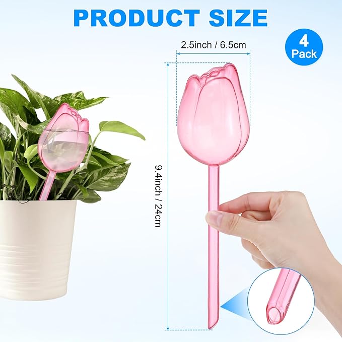 M METERXITY 4-Pack Plant Watering Globes, 9.4 Inch Plastic Self Watering Planter Insert for Indoor/Outdoor Plants, Self Water Devices [Pink]