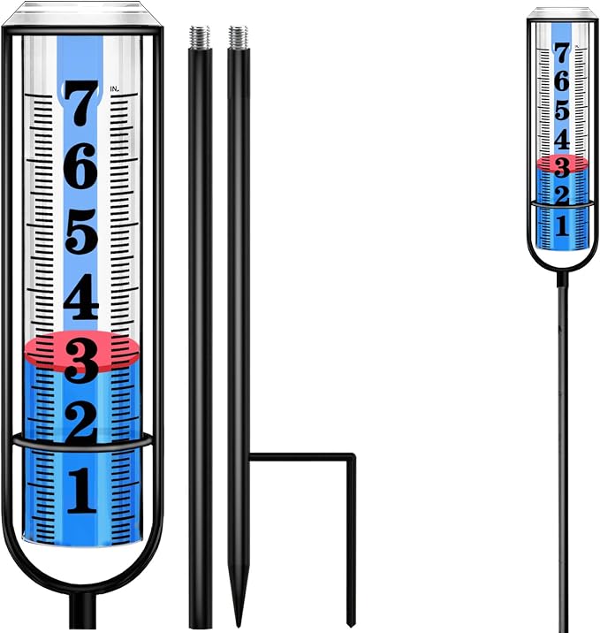 Rain Gauge Outdoor, Rain Gauges Outdoors Best Rated, Accurate Rain Measure Gauge for Garden, Thickened Tube Rain Meter with Stake, Adjustable Height & Large Font Water Gauge for Rain, Easy to Read