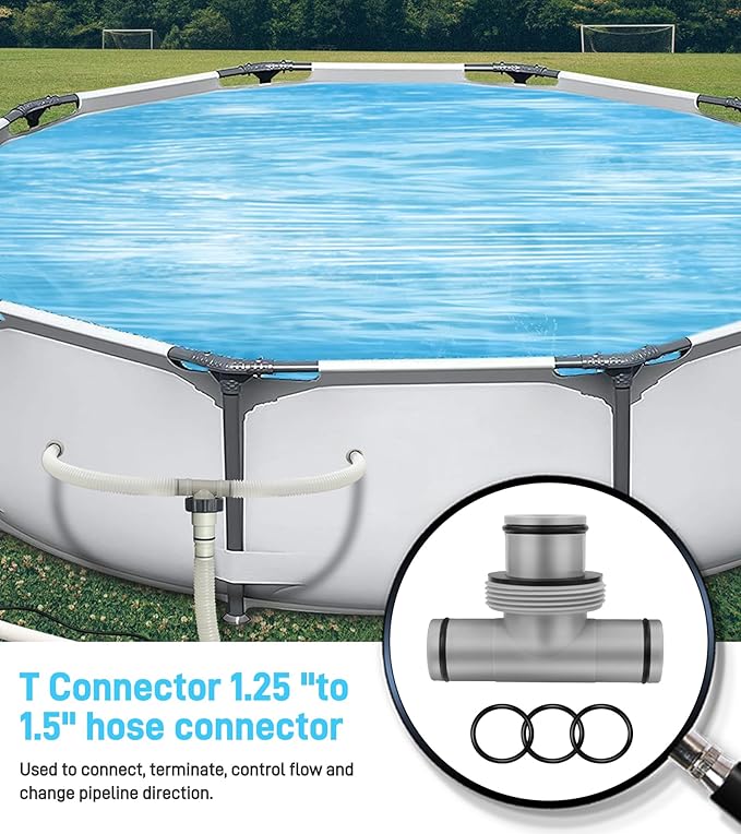 Pool Hose Connector for Leak-Proof Dual Seal and Stable Water Flow, 1.5" to 1.25" T-Joint Pool Hose Adapter for Pool Parts and Accessories Replacement, Easy No-Tool Install for Above Ground Pools