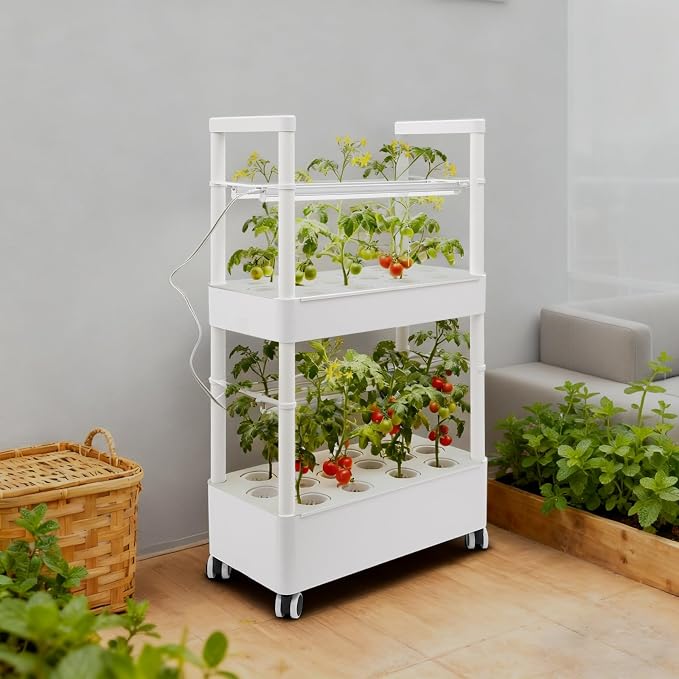 2-Tier 28-Hole Hydroponics Growing System with LED Grow Lights, 5.28Gal Indoor Hydroponic Grow Kit with Automatic Water Circulation, 4 Wheels for Vegetables, Herbs, Lettuce, White